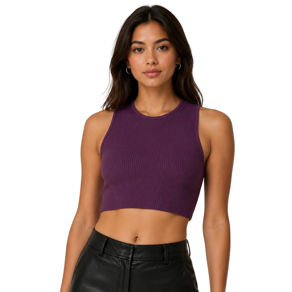 Babaton Sculpt Ribbed Knit Racerback Cropped Tank Top Dark Purple XS‎ Casual